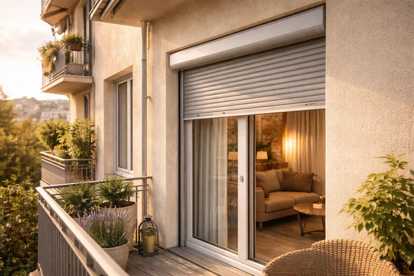 Nachgerüsteter Rollladen an einer Terrassentür eines Wohngebäudes sorgt für mehr Sonnenschutz und Wohnkomfort.