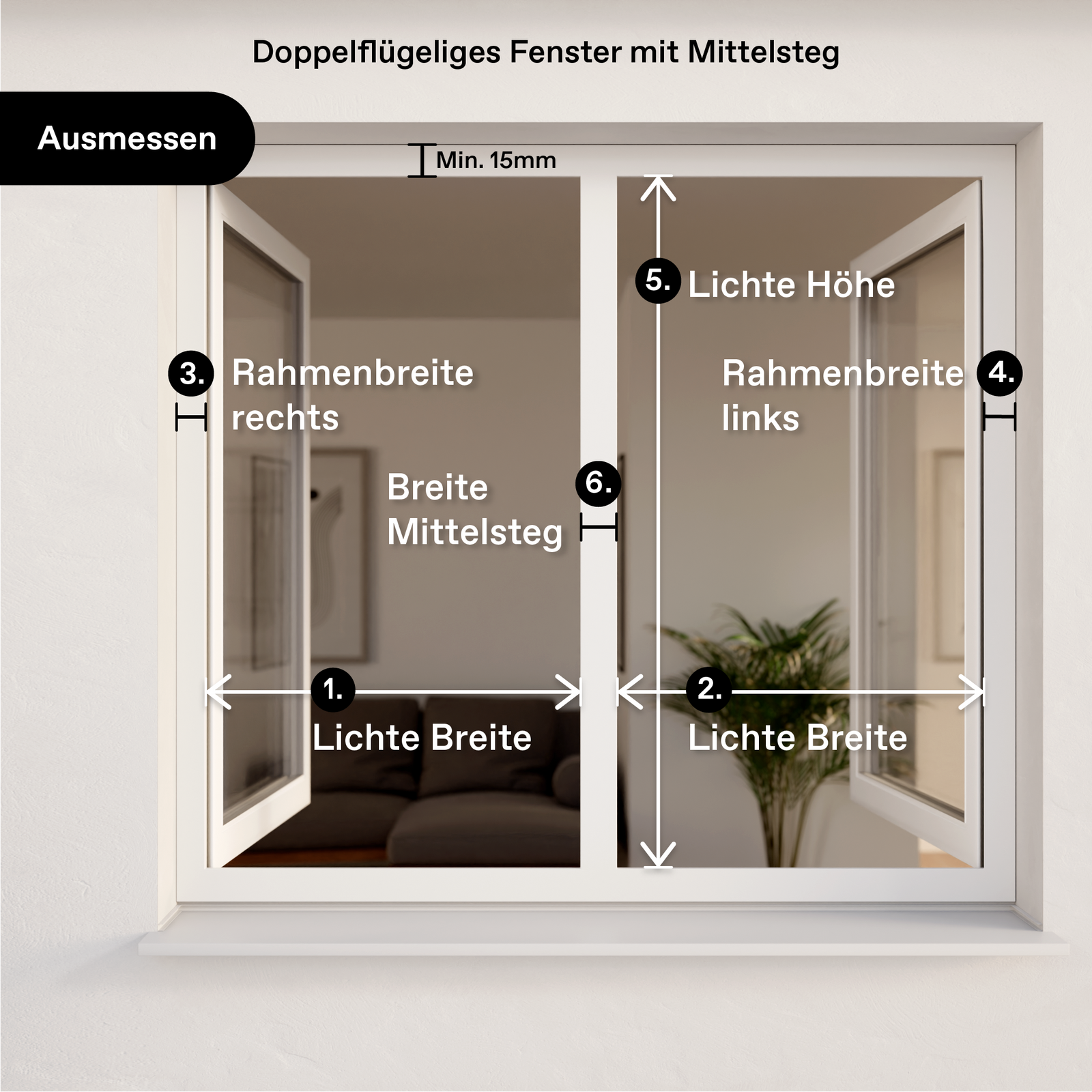 Ausmessbild Außenrollo für Fenster - Doppelflügeliges Fenster mit Mittelsteg