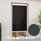 Außenrollo weiß mit lichtdurchlässigen Stoff an Balkontür montiert und mit Icons Durchsicht, Tageslicht und Hitzeschutz