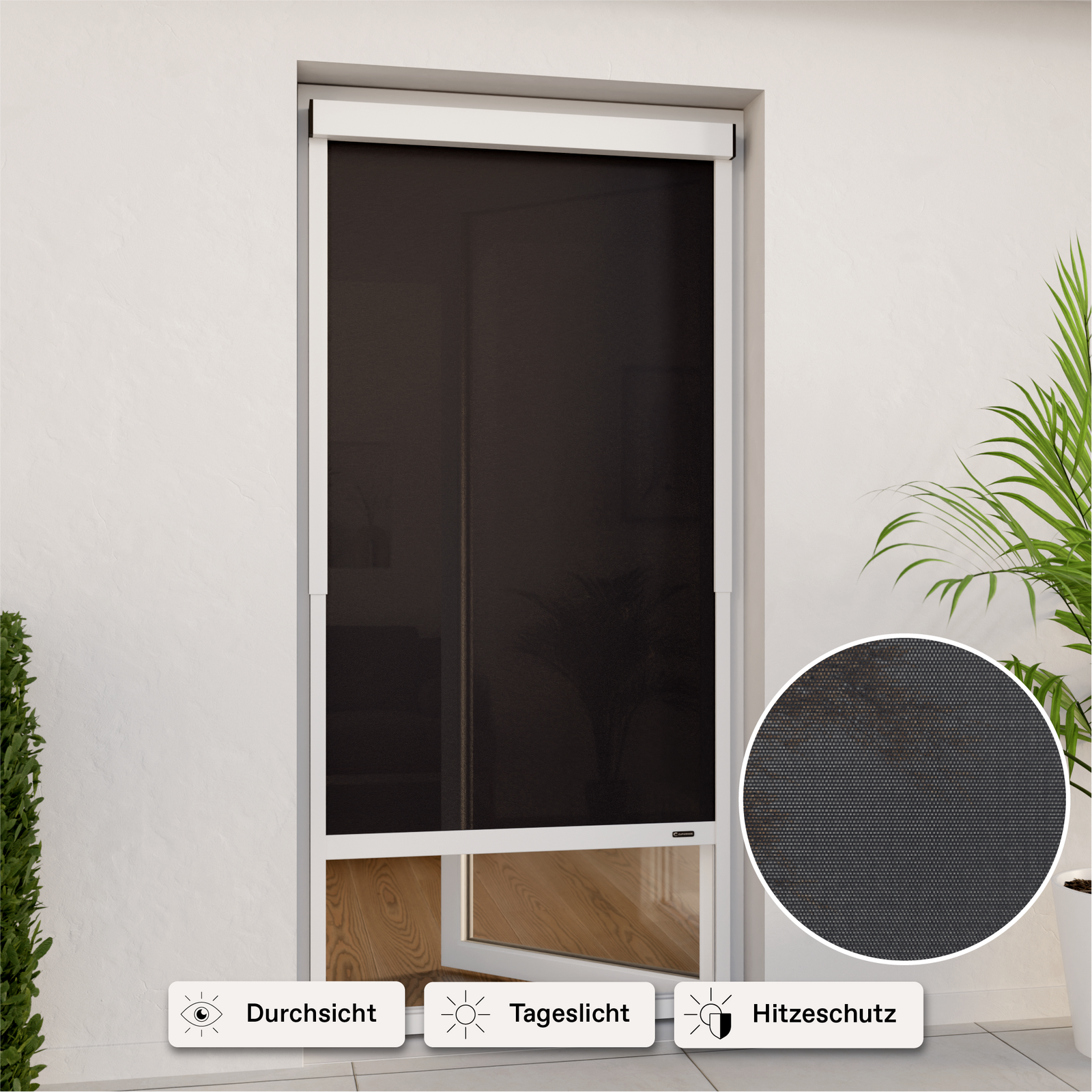 Außenrollo weiß mit lichtdurchlässigen Stoff an Balkontür montiert und mit Icons Durchsicht, Tageslicht und Hitzeschutz