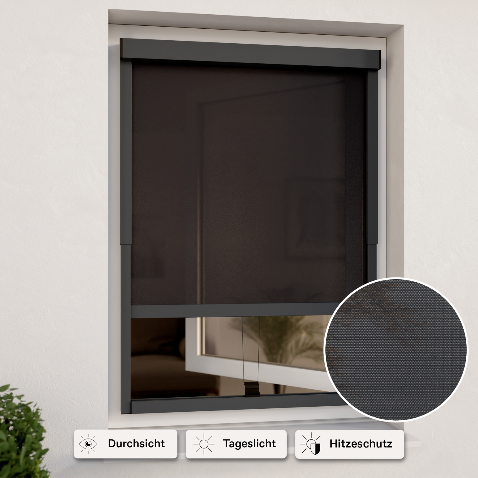 Außenrollo grau mit lichtdurchlässigen Stoff an Fenster montiert und mit Icons Durchsicht, Tageslicht und Hitzeschutz