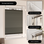 Wabenplissee innen am Fenster dargestellt inklusive allen Montagearten (Klemmen, Schrauben und Kleben)